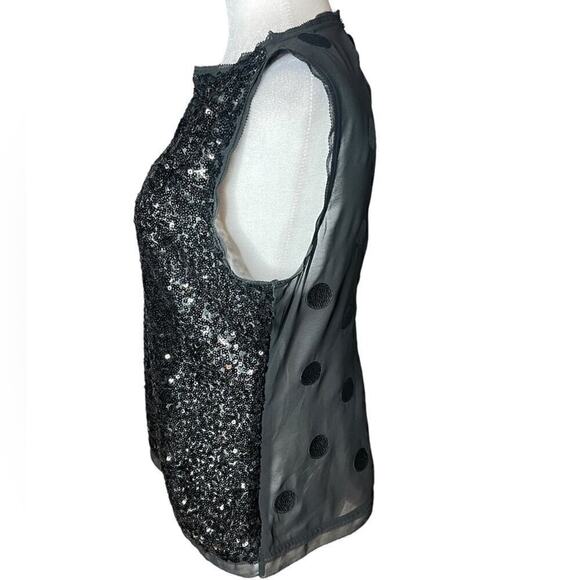 Karen Millen Black Sequin Sleeveless Top Sheer Back Embroidered Polkadots Sz 8 - Picture 3 of 11
